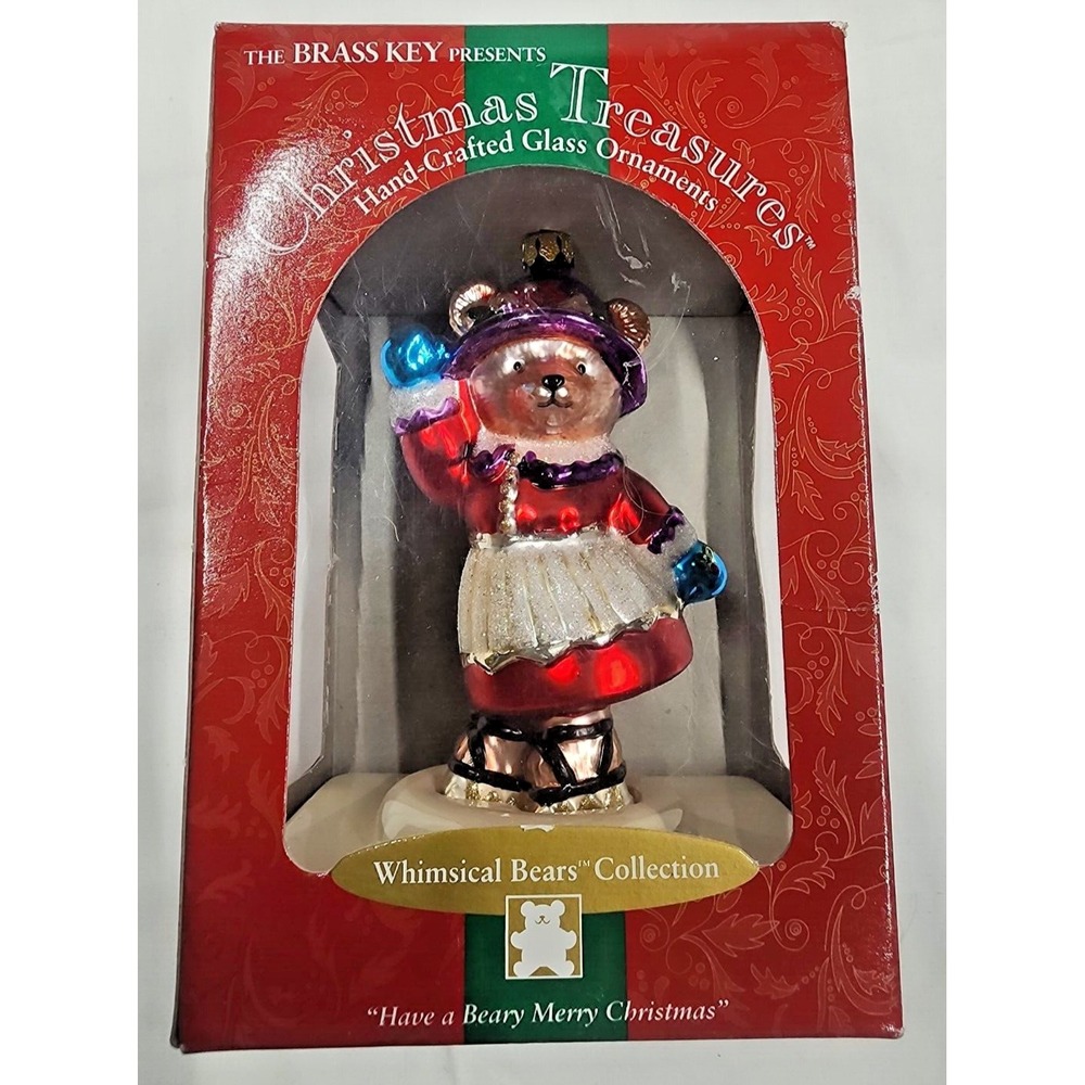 Vintage NIB The Brass Key Christmas Treasures Hand Crafted Glass Ornament Bear